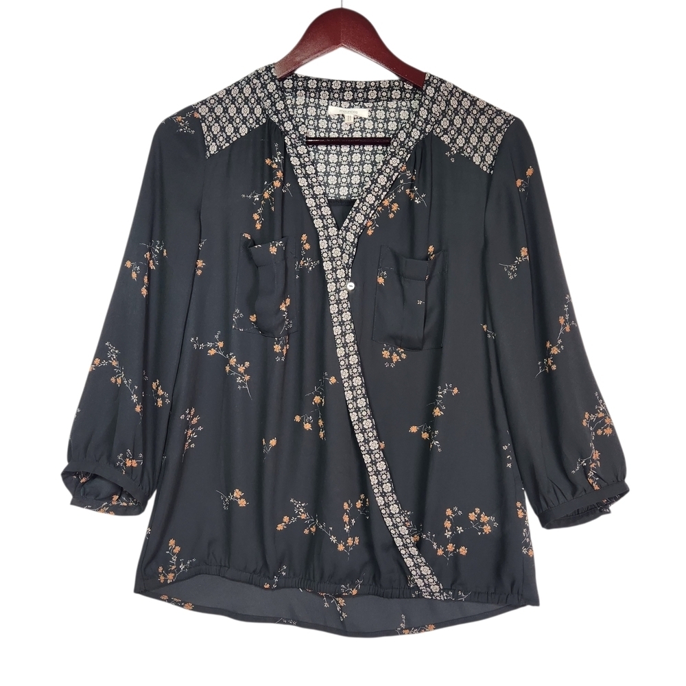 Maurices Flowy Black Floral Faux-Wrap Blouse Boho Whimsigoth Fairy 3/4 Sleeve Sm